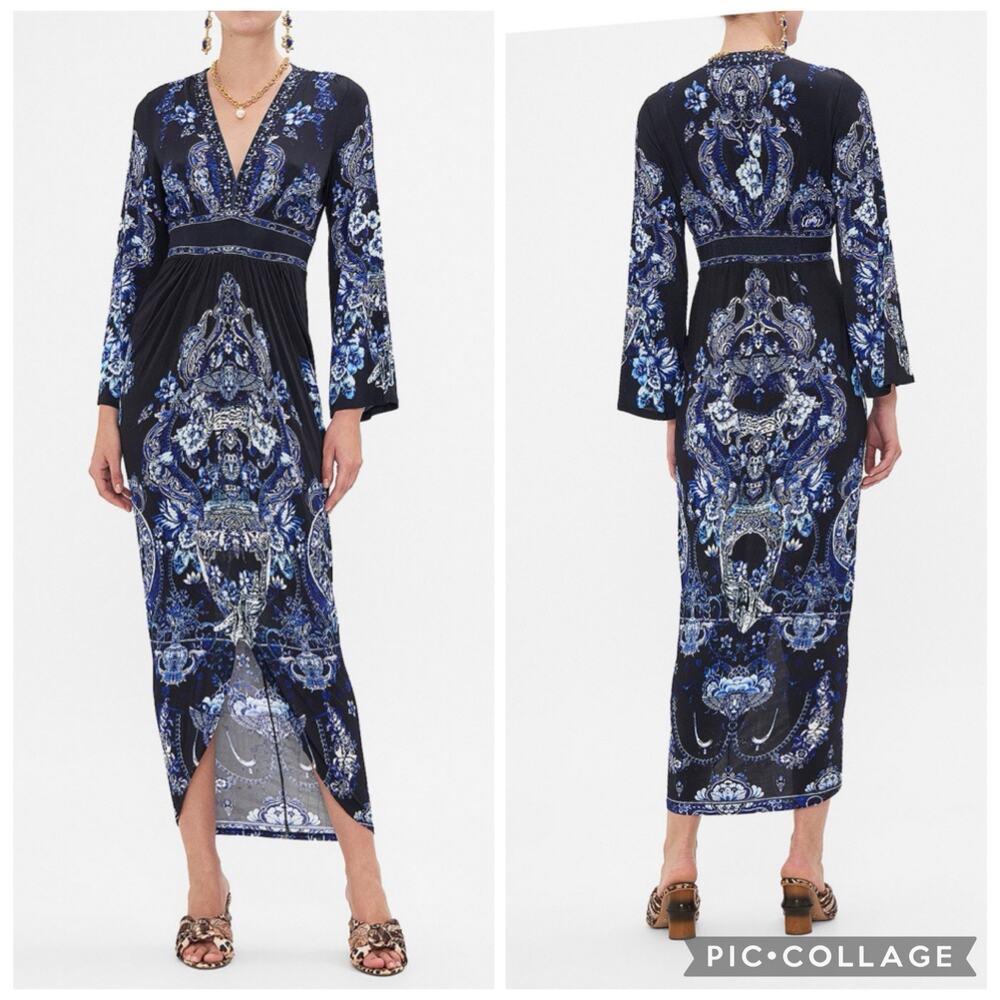 Camilla Delft Dynasty Gathered V Neck Jersey Dress Medium Maxi Luxury Bohemian